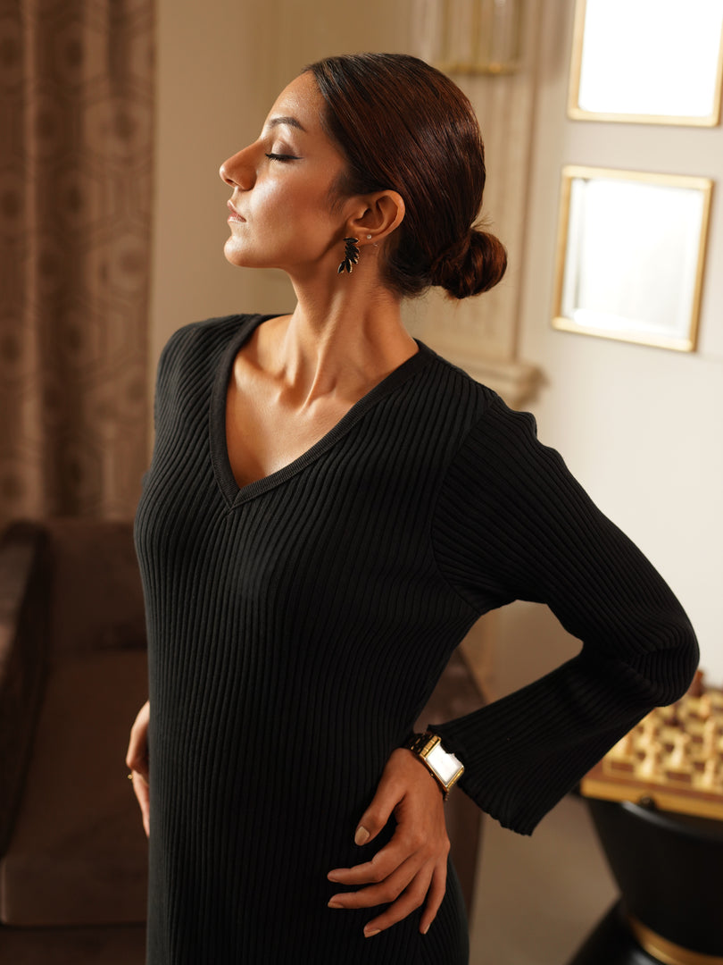 Ribbed Black Maxi Dress with Side Slit
