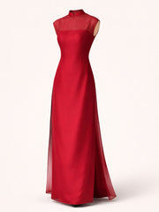 Crimson Veil Layered Gown