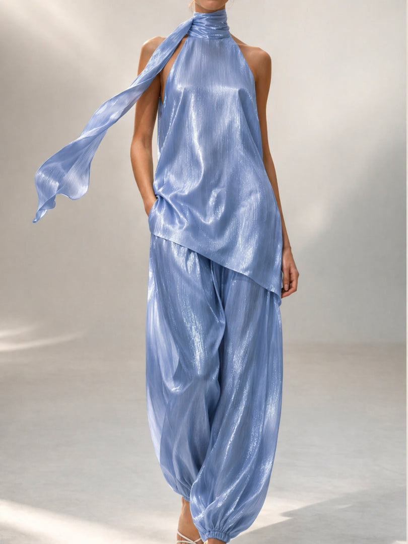 Thunder Blue Celeste Drape Tussel Silk Set