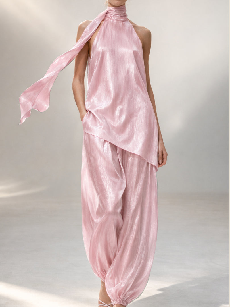 Pink Celeste Drape Tussel Silk Set