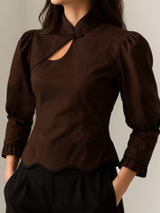 Chocolate Mandarin Cutout Blouse