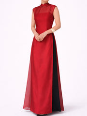 Crimson Veil Layered Gown