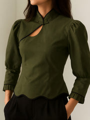 Olive Mandarin Cutout Blouse
