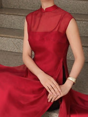 Crimson Veil Layered Gown