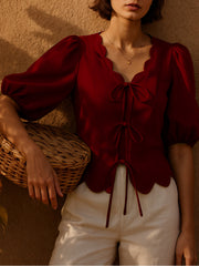 Rose Wood Petal Tie-Up Blouse