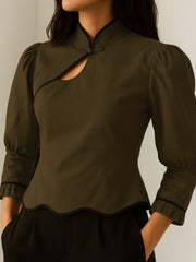 Olive Mandarin Cutout Blouse